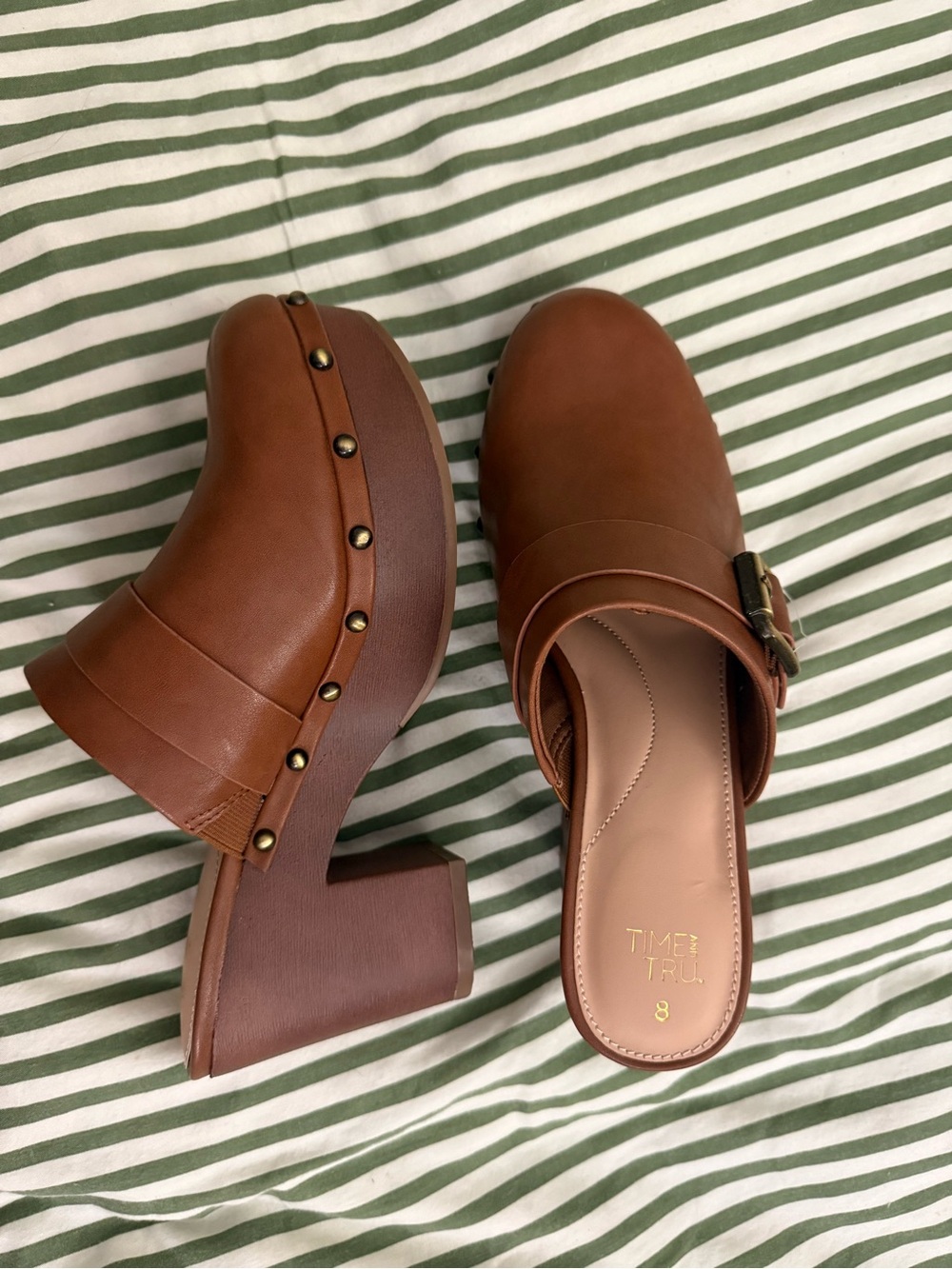 Time and Tru Cognac Studded Block Heel Mules
